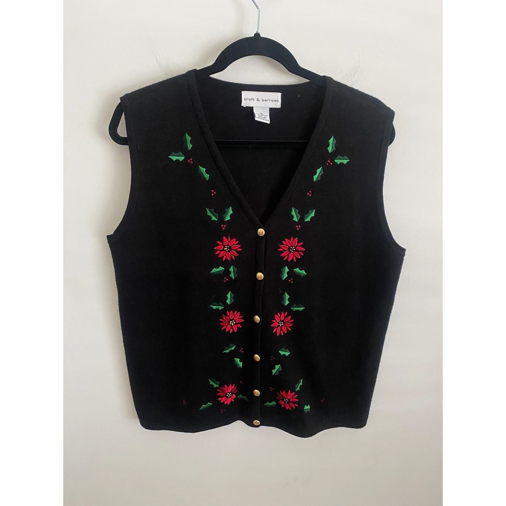 Vintage Women's XL Black‎ Poinsettia Christmas Sweater Vest Button Front